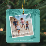 Tropical Mele Kalikimaka Photo jul Julgransprydnad Keramik<br><div class="desc">Tropiska julprydnadsföremål med teal bakgrund,  två foton som du kan ersätta med din egen silhouette-strand handflatan träd,  de hawaiiska säsonhälsningarna "Mele Kalikimaka" och din familj namn.</div>
