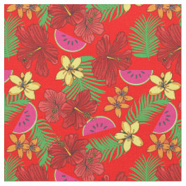 Tropical Melons och Handflatan Löv Red Blommönster Tyg