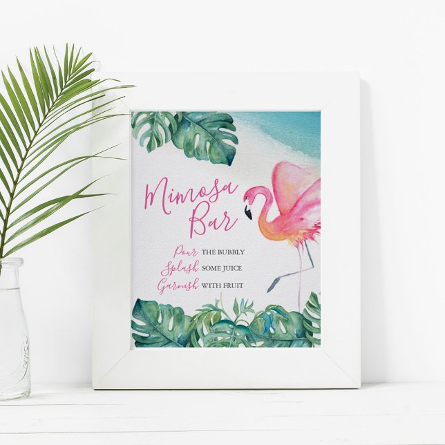Tropical Mimosa Pub Poster (Tropical mimosa bar sign watercolor pink flamingo & palm leaf by Victoria Grigaliunas DoTellABelle)
