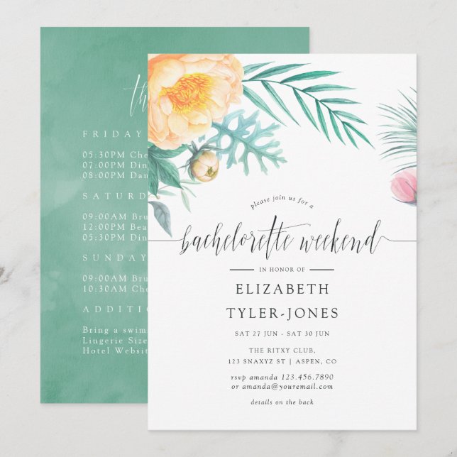 Tropical Mint Bachelorette Helg Itinerary Inbjudningar (Fram/baksida)