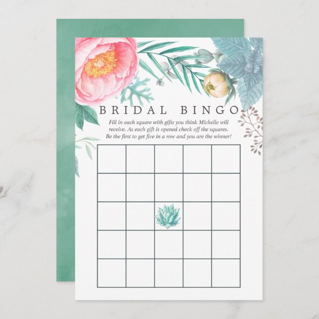 Tropical Mint Blommigt Möhippa Sommar Bingo Inbjudningar (Fram/baksida)