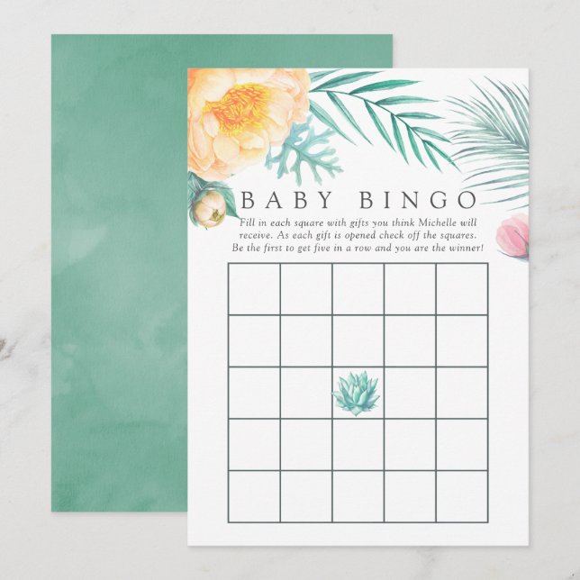 Tropical Mint Blommigt Summer Baby Shower Bingo Inbjudningar (Fram/baksida)