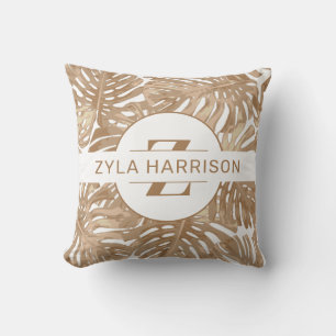 Tropical Monogram Boho Brown White Handflatan Löv Kudde