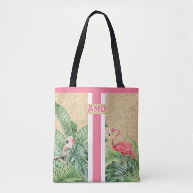 Tropical Monogram Faux Burlap Jute Tote Bag Tygkasse (Framsida)
