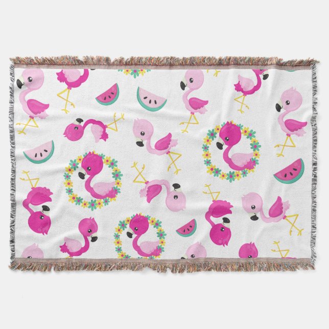 Tropical Mönster, Flamingos, Watermelons, Flowers Filt (Framsidan)