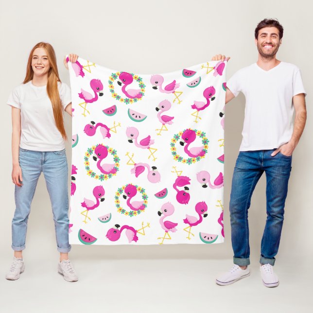 Tropical Mönster, Flamingos, Watermelons, Flowers Fleecefilt (På plats)