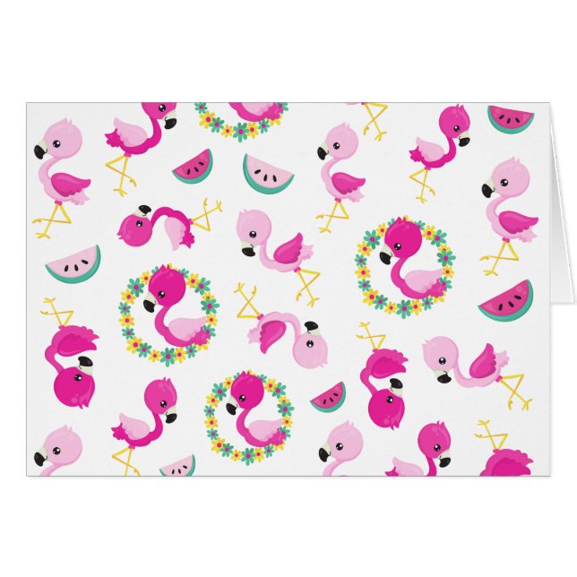 Tropical Mönster, Flamingos, Watermelons, Flowers Hälsningskort (Framsidan Horizontal)