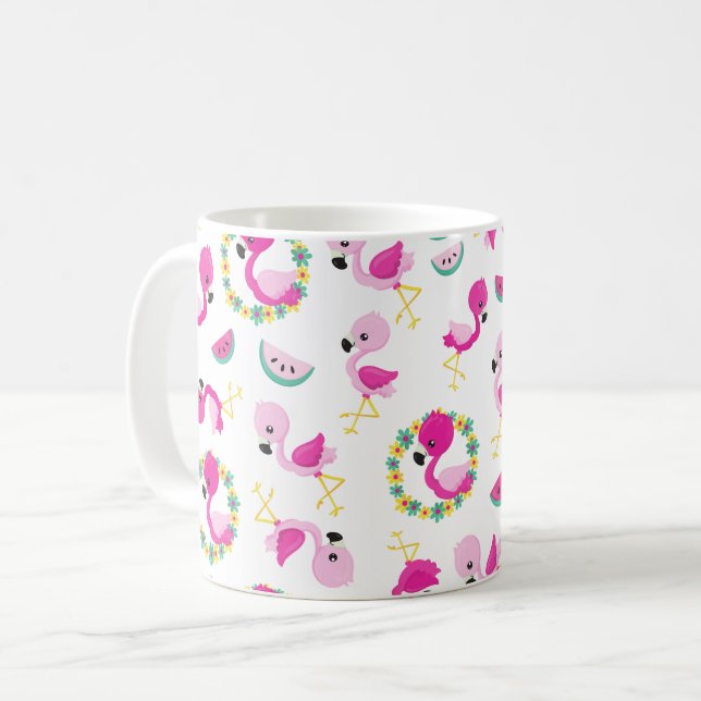 Tropical Mönster, Flamingos, Watermelons, Flowers Kaffemugg (Framsida vänster)