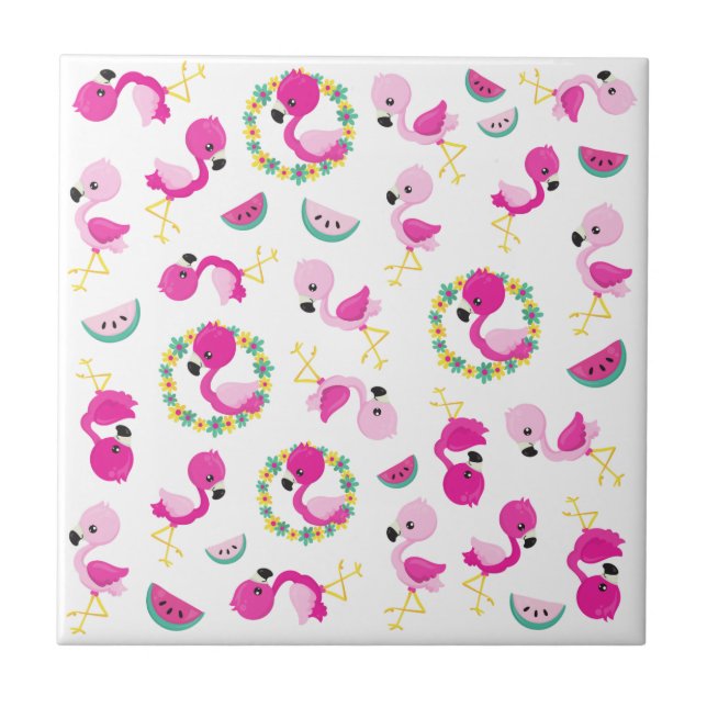 Tropical Mönster, Flamingos, Watermelons, Flowers Kakelplatta (Framsidan)