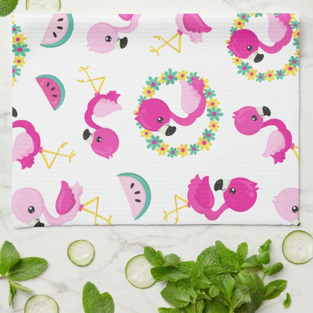 Tropical Mönster, Flamingos, Watermelons, Flowers Kökshandduk (Vikta)