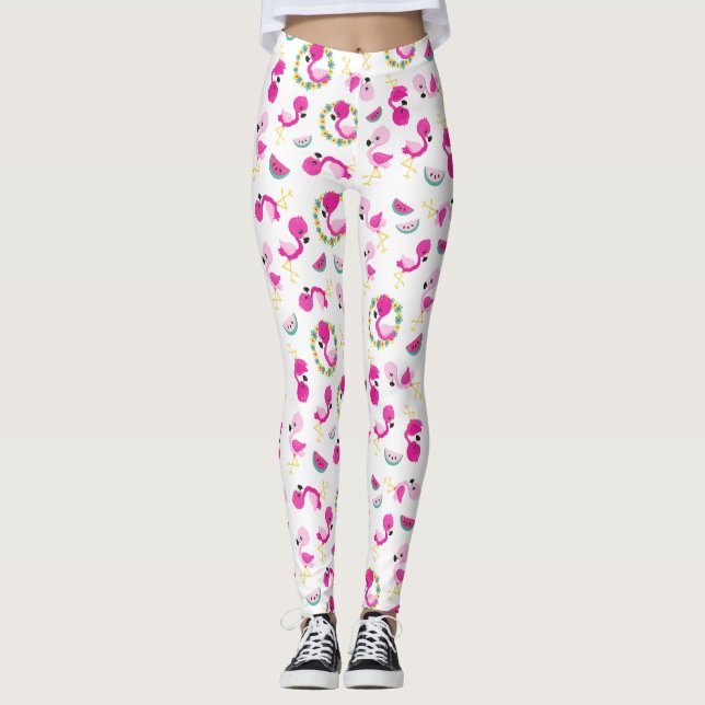 Tropical Mönster, Flamingos, Watermelons, Flowers Leggings (Framsida)