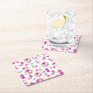 Tropical Mönster, Flamingos, Watermelons, Flowers Underlägg Papper Kvadrat