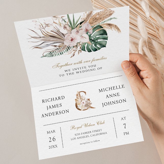 Tropical Monstera Boho Pampas QR Code Wedding Inbjudan (Skapare uppladdad)