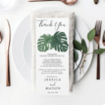 Tropical Monstera Bröllop Menu och Tack Inbjudningar<br><div class="desc">Visning din meny och tack på baksidan av de här dubblorna - perfekt storlek till ställe på varje platta!</div>