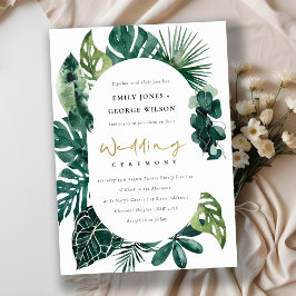 Tropical Monstera Grönt Capsule Wedding bjudande i Tack Kort