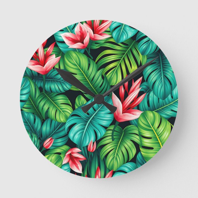 Tropical Monstera Heliconia Jungle Pattern Rund Klocka (Framsida)