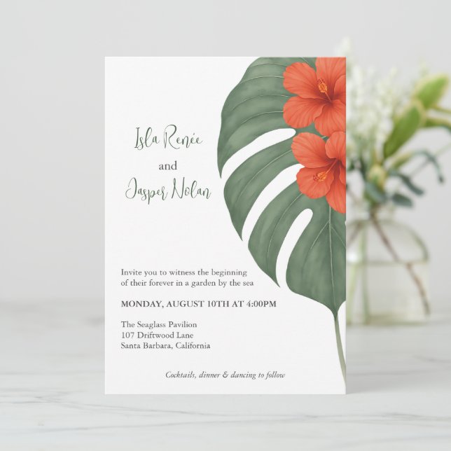 Tropical Monstera & Hibiscus Wedding Inbjudningar (Stående Fram)