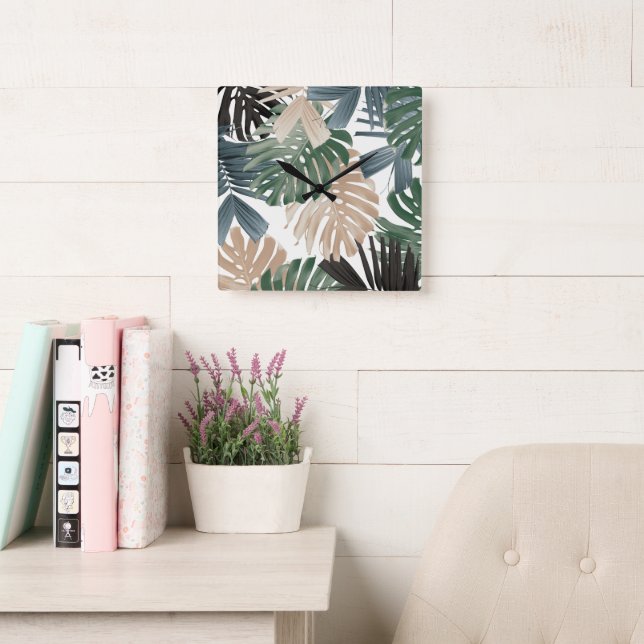 Tropical Monstera Jungle Leaves 3 Fyrkantig Klocka (Läsesal)