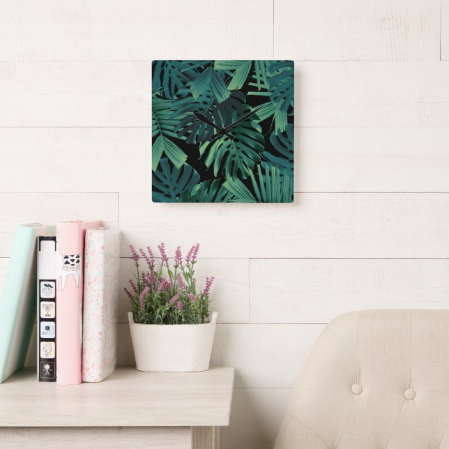 Tropical Monstera Jungle Night Leaves 1 Fyrkantig Klocka (Läsesal)