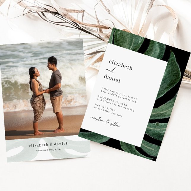 Tropical Monstera Leaf Destination Wedding Photo Inbjudningar (Skapare uppladdad)