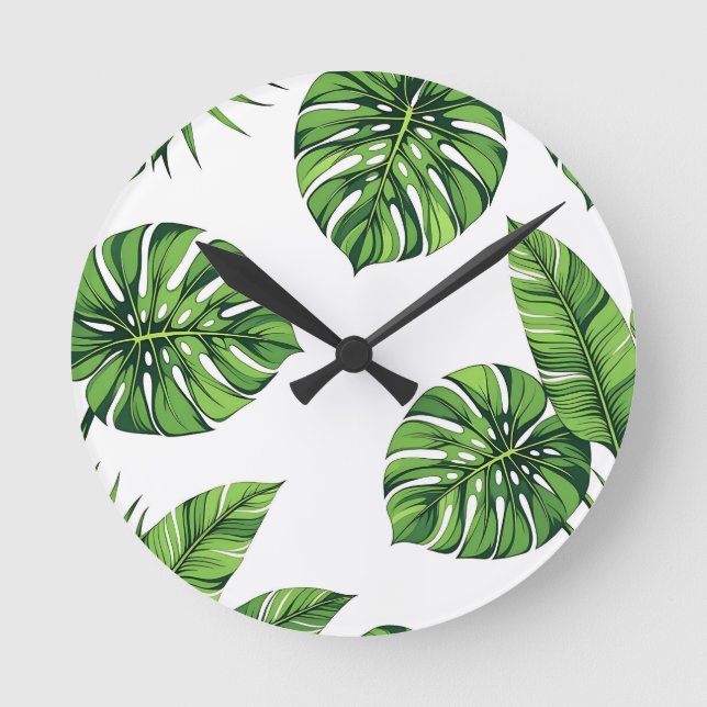Tropical Monstera Leaves Seamless Pattern Green Rund Klocka (Framsida)