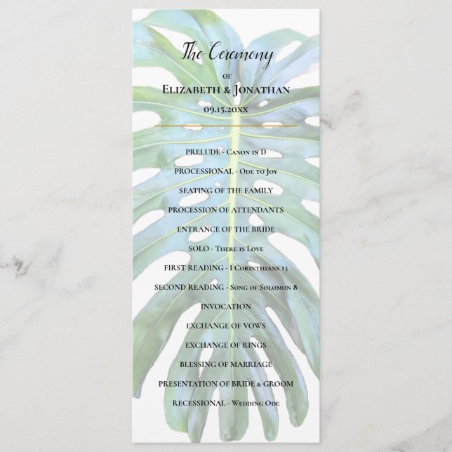 Tropical Monstera Löv Greenery Beach Wedding Program (Framsida)
