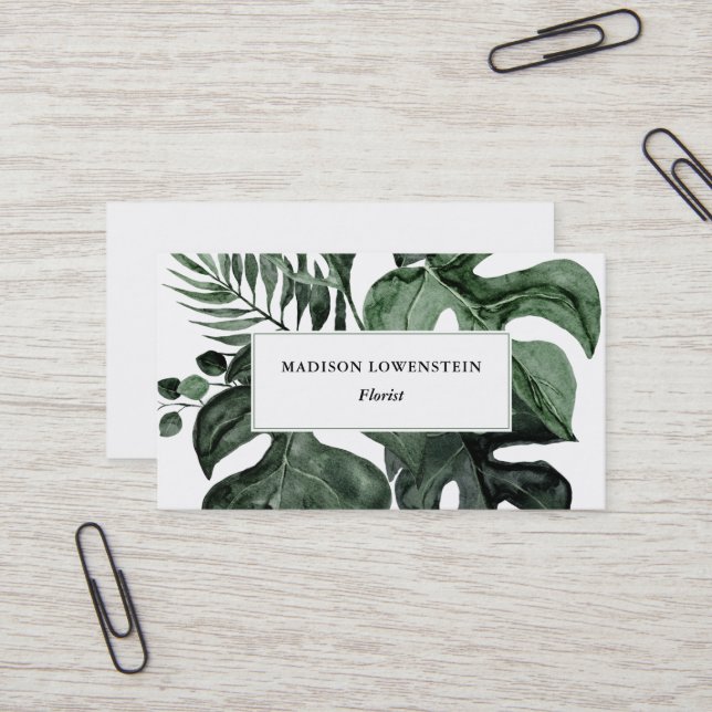 Tropical Monstera Löv Greenery  Visitkort (Fram/Back In Situ)