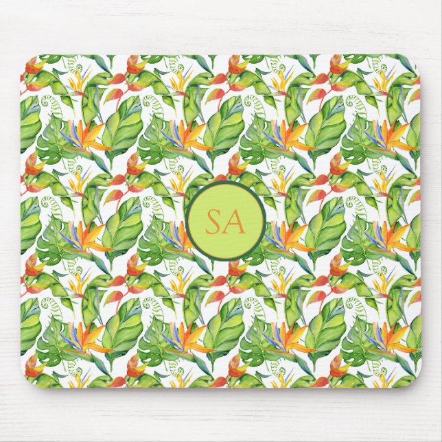 Tropical Monstera Löv Monogrammed vattenfärg Musmatta (Framsidan)