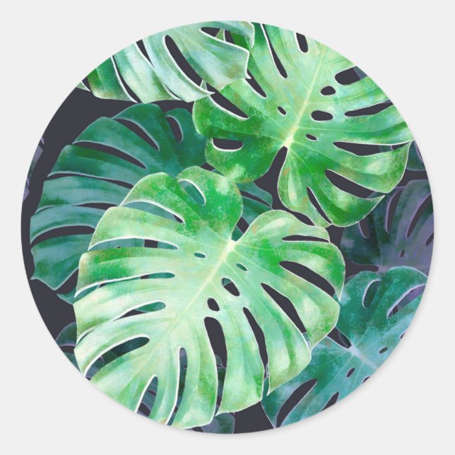 Tropical Monstera Löv Runt Klistermärke (Framsida)