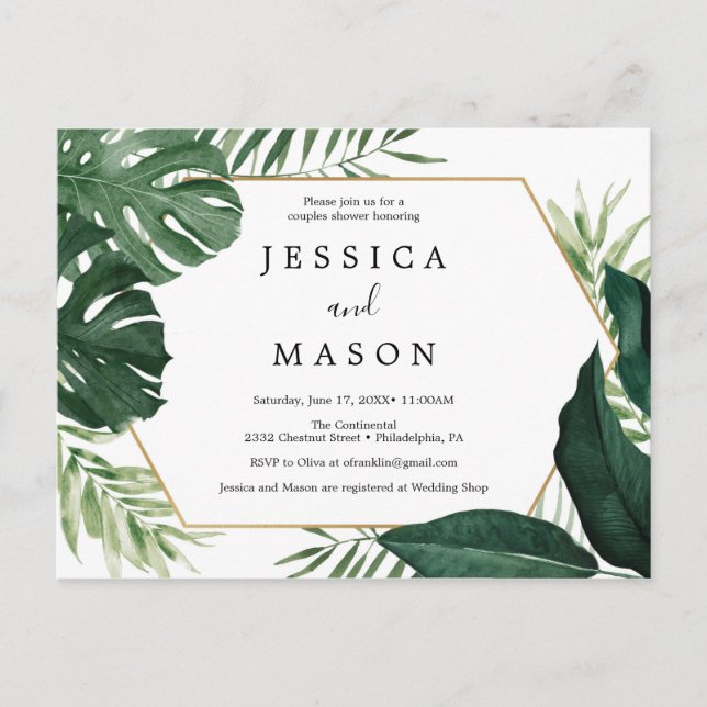Tropical Monstera Par Shower-inbjudan Vykort (Framsida)