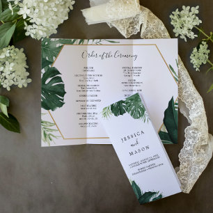 Tropical Monstera Tri-Fold-Bröllopsprogram Reklamblad