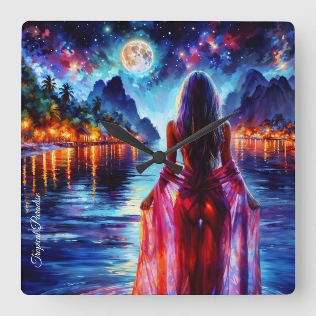 Tropical moonlit fantasy woman in paradise fyrkantig klocka (Framsida)