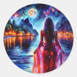 Tropical moonlit fantasy woman in paradise runt klistermärke