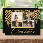 Tropical Multi Photo Collage jul Julkort<br><div class="desc">Tre foton som accentueras med faux glitter handflatan fronds på en svart bakgrund (se mer färg i vår butik),  dessa helgdag julkort har ditt namn på grund i chic. Välj Projektionsyta för tyngsta pappra och HD för bästa fotoupplösning. ***EN FOTO-design görs för dig i vår butik.</div>
