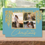 Tropical Multi Photo Collage jul Julkort<br><div class="desc">Tre foton som accentueras med faux glitter handflatan fronds på akvatisk bakgrund (se mer färg i vår butik),  dessa helgdag julkort har ditt namn på grund i chic. Välj Projektionsyta för tyngsta pappra och HD för bästa fotoupplösning. ***EN FOTO-design görs för dig i vår butik.</div>