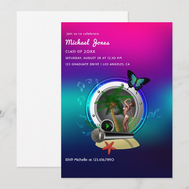 Tropical Music Fest Examenfest Invitation Inbjudningar (Fram/baksida)