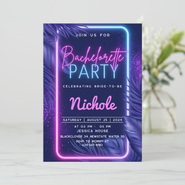 Tropical Neon Bachelorette-inbjudan till Party Inbjudningar (Stående Fram)
