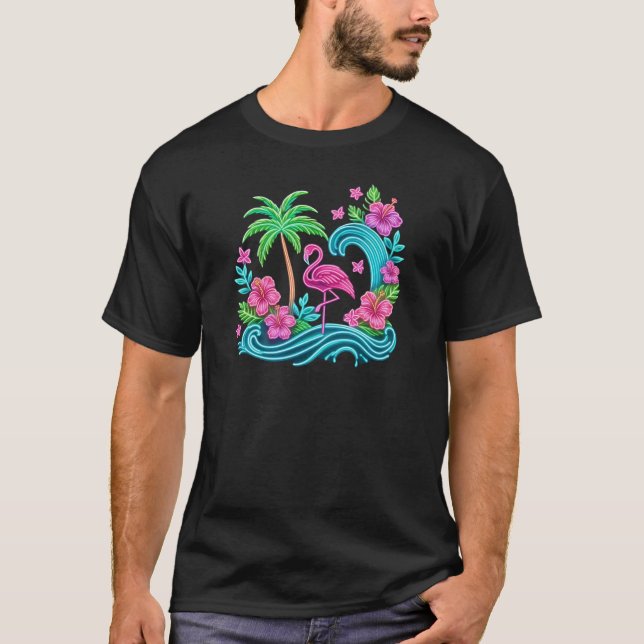 Tropical Neon Flamingo T Shirt (Framsida)
