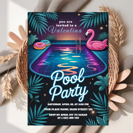 Tropical Neon Pool Party Födelsedag Inbjudningar