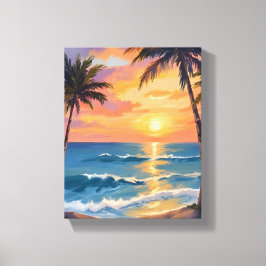 Tropical Ocean Sunset Palm Tree Watercolor Canvastryck