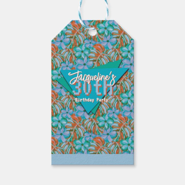 Tropical Orange and Blue Floral Birthday Presentetikett (Framsidan)