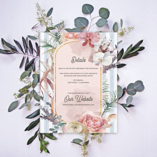 Tropical Orchid Floral Destination Wedding Details Tilläggskort (Tropical Orchid Wedding Details Card | Blush Floral Destination Beach Info Enclosure)