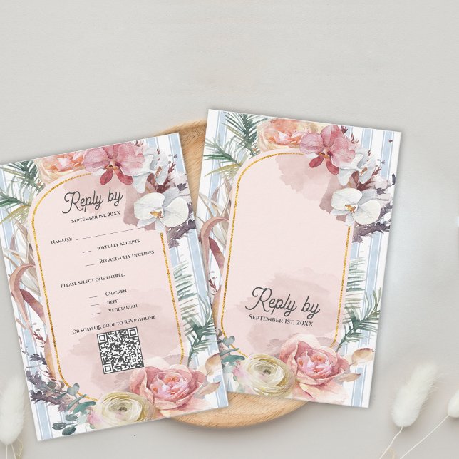 Tropical Orchid QR Code Destination Wedding RSVP OSA Kort (Tropical Orchid QR Code RSVP Card | Blush Floral Destination Beach Wedding Response)