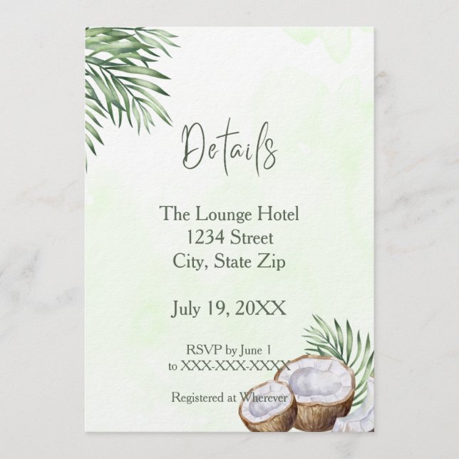Tropical Palm Leaf & Coconut Details Card Inbjudningar (Framsida)