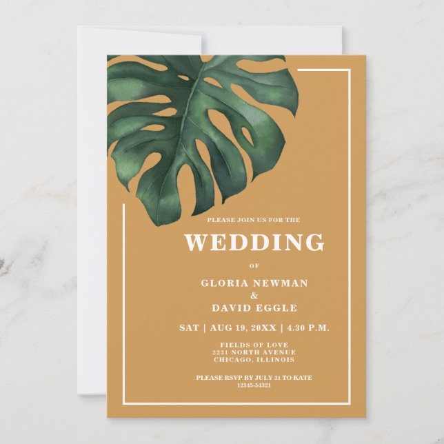 Tropical Palm Leaf Monstera Wedding Invitation Inbjudningar (Framsida)