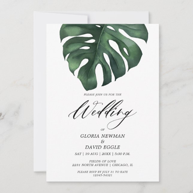 Tropical Palm Leaf Monstera Wedding Invitation Inbjudningar (Framsida)