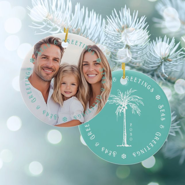 Tropical Palm Seas & Greetings Christmas Photo Julgransprydnad Keramik (Tropical Palm Seas & Greetings Christmas Photo Ceramic Ornament)