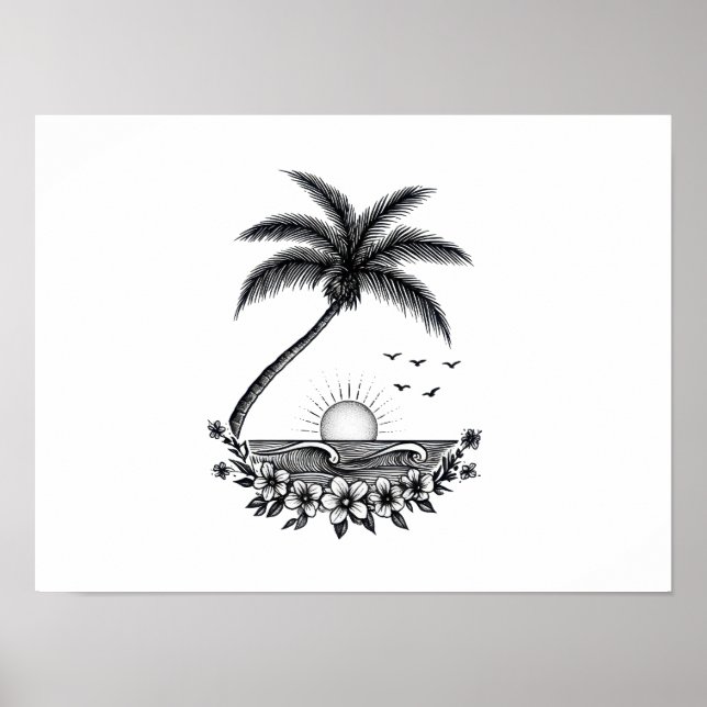 Tropical Palm Sunset – Minimalist Beach Line Art  Poster (Framsidan)