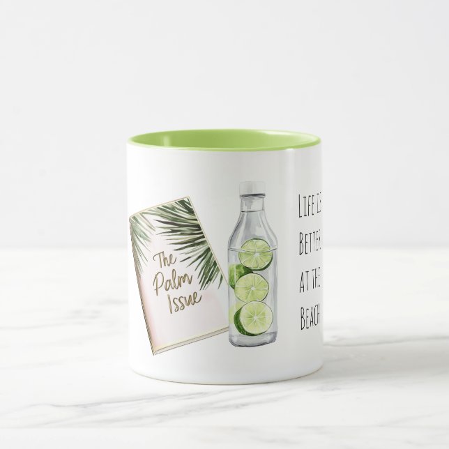 Tropical Palm Tree Leaves Green White Limes Beach Mugg (Center)