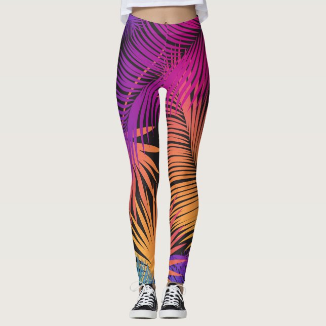 Tropical Palm Tree Leaves Jungle Rainbow Leggings (Framsida)